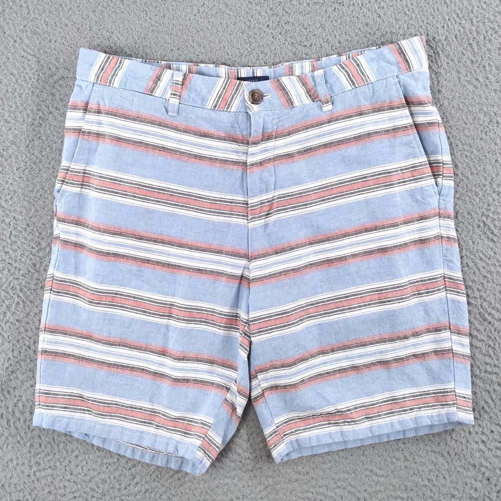johnnie-O Shorts Mens 32 Gulf Blue Red Striped Linen Blend 9" Inseam Chino